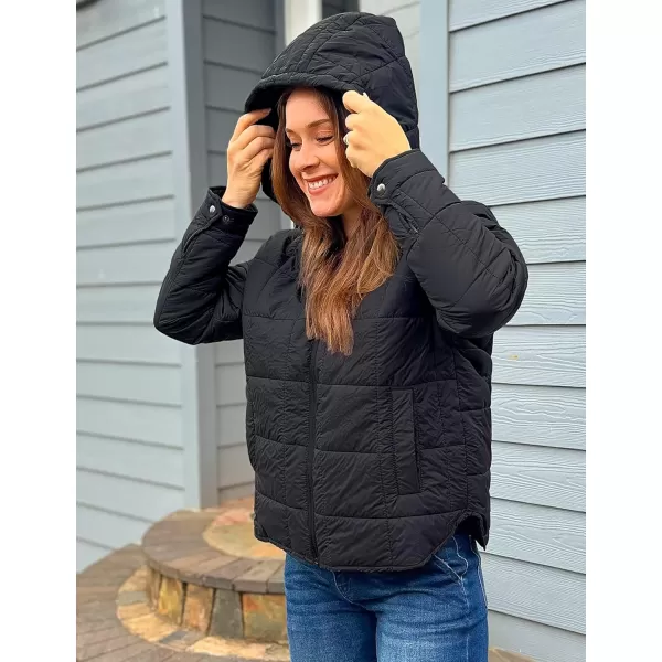 luvamia Puffer Jackets for Women Quilted Lightweight Coats Trendy Hooded Zip Up Casual Fall Puffy Jacket Coat PocketsBlack