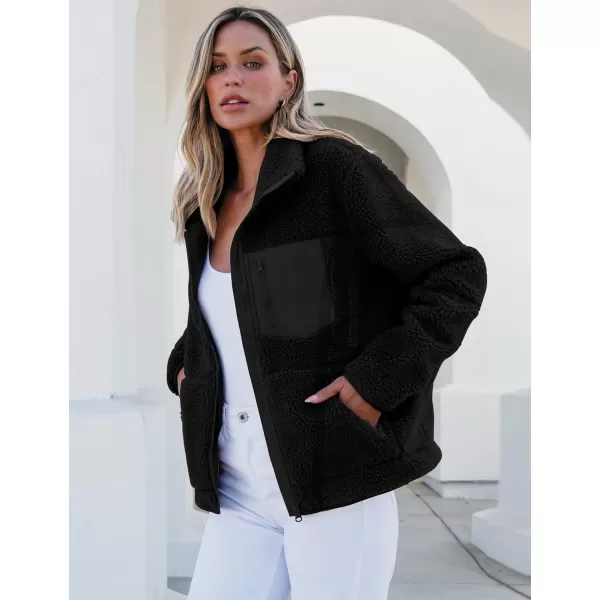 luvamia Sherpa Jackets for Women Trendy Zip Up Long Sleeve Winter Fall Casual Warm Fleece Coat Jackets with PocketsBlack