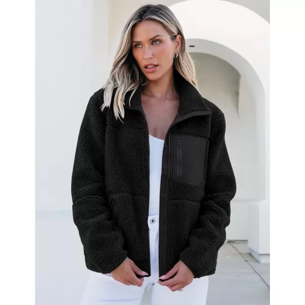 luvamia Sherpa Jackets for Women Trendy Zip Up Long Sleeve Winter Fall Casual Warm Fleece Coat Jackets with PocketsBlack