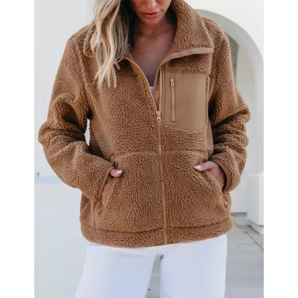 luvamia Sherpa Jackets for Women Trendy Zip Up Long Sleeve Winter Fall Casual Warm Fleece Coat Jackets with PocketsCamel