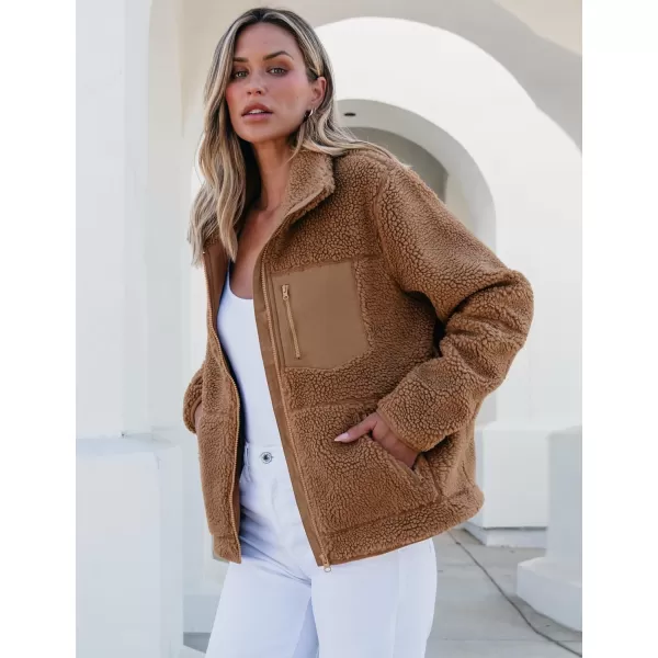 luvamia Sherpa Jackets for Women Trendy Zip Up Long Sleeve Winter Fall Casual Warm Fleece Coat Jackets with PocketsCamel