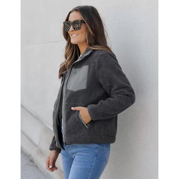 luvamia Sherpa Jackets for Women Trendy Zip Up Long Sleeve Winter Fall Casual Warm Fleece Coat Jackets with PocketsDark Gray