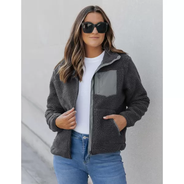 luvamia Sherpa Jackets for Women Trendy Zip Up Long Sleeve Winter Fall Casual Warm Fleece Coat Jackets with PocketsDark Gray