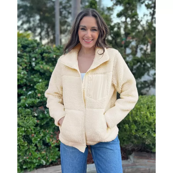 luvamia Sherpa Jackets for Women Trendy Zip Up Long Sleeve Winter Fall Casual Warm Fleece Coat Jackets with PocketsVanilla Ice