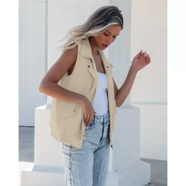 luvamia Vest for Women Trendy Zip Up Casual Fashion Elastic Hem Fall Sleeveless Jacket Outerwear Vests Tops with PocketsBeige