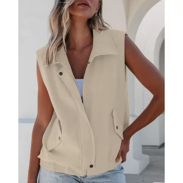 luvamia Vest for Women Trendy Zip Up Casual Fashion Elastic Hem Fall Sleeveless Jacket Outerwear Vests Tops with PocketsBeige