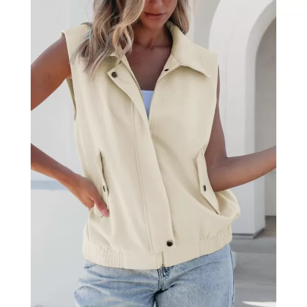 luvamia Vest for Women Trendy Zip Up Casual Fashion Elastic Hem Fall Sleeveless Jacket Outerwear Vests Tops with PocketsCream White