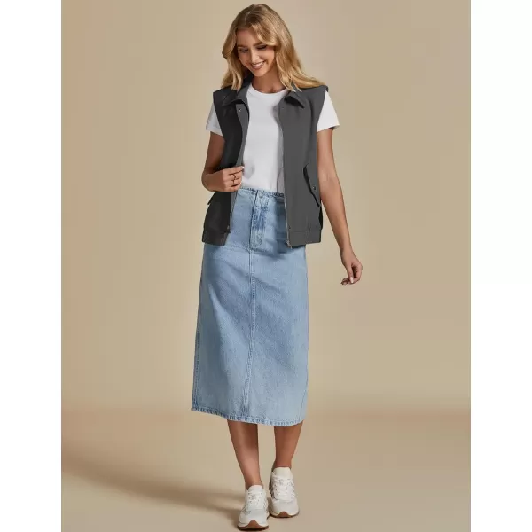 luvamia Vest for Women Trendy Zip Up Casual Fashion Elastic Hem Fall Sleeveless Jacket Outerwear Vests Tops with PocketsDark Grey