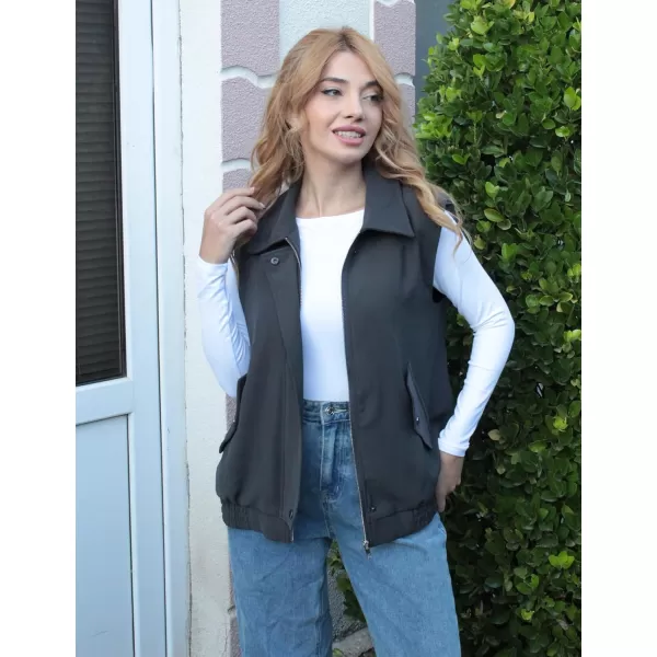luvamia Vest for Women Trendy Zip Up Casual Fashion Elastic Hem Fall Sleeveless Jacket Outerwear Vests Tops with PocketsDark Grey