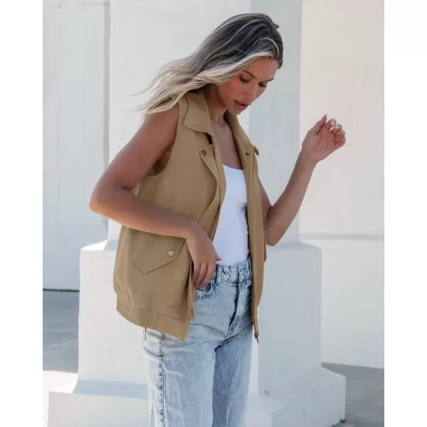 luvamia Vest for Women Trendy Zip Up Casual Fashion Elastic Hem Fall Sleeveless Jacket Outerwear Vests Tops with PocketsLight Khaki