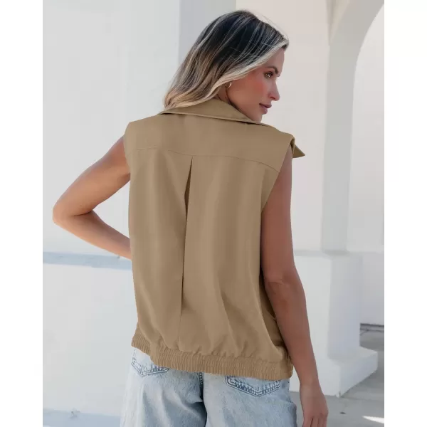 luvamia Vest for Women Trendy Zip Up Casual Fashion Elastic Hem Fall Sleeveless Jacket Outerwear Vests Tops with PocketsLight Khaki