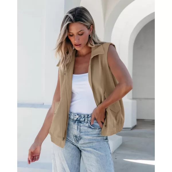 luvamia Vest for Women Trendy Zip Up Casual Fashion Elastic Hem Fall Sleeveless Jacket Outerwear Vests Tops with PocketsLight Khaki