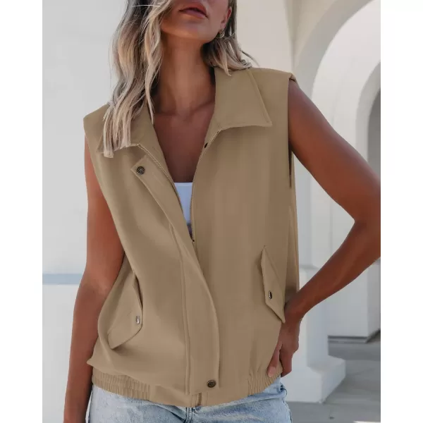 luvamia Vest for Women Trendy Zip Up Casual Fashion Elastic Hem Fall Sleeveless Jacket Outerwear Vests Tops with PocketsLight Khaki