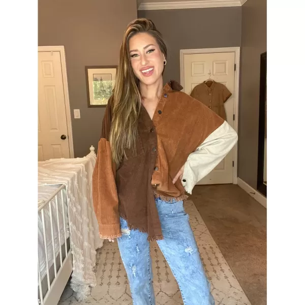 luvamia Womens Shacket Jacket Oversized Corduroy Button Down Shirt Long Sleeve TopsBrown Paneled