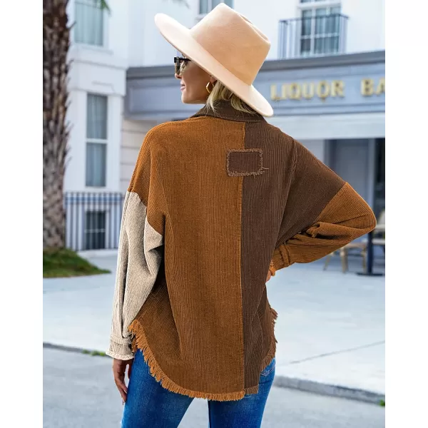 luvamia Womens Shacket Jacket Oversized Corduroy Button Down Shirt Long Sleeve TopsBrown Paneled
