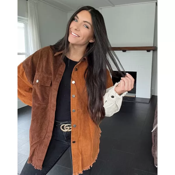 luvamia Womens Shacket Jacket Oversized Corduroy Button Down Shirt Long Sleeve TopsBrown Paneled