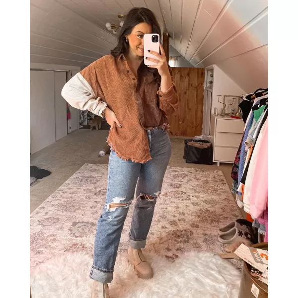 luvamia Womens Shacket Jacket Oversized Corduroy Button Down Shirt Long Sleeve TopsBrown Paneled