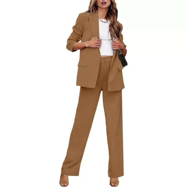 luvamia 2 Piece Outfits for Women Dressy Blazer Jackets High Waisted Straight Leg Pants Suits Set Business Casual OfficeCamel