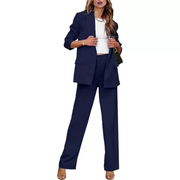 luvamia 2 Piece Outfits for Women Dressy Blazer Jackets High Waisted Straight Leg Pants Suits Set Business Casual OfficeNavy Blue