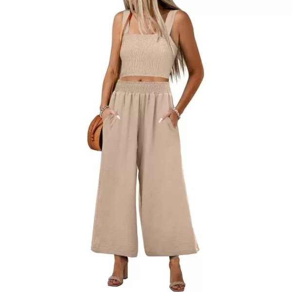 luvamia 2 piece Outfits for Women Summer Trendy Sleeveless Square Neck Crop Tank Tops Wide Leg Pants Matching SetsAlmond