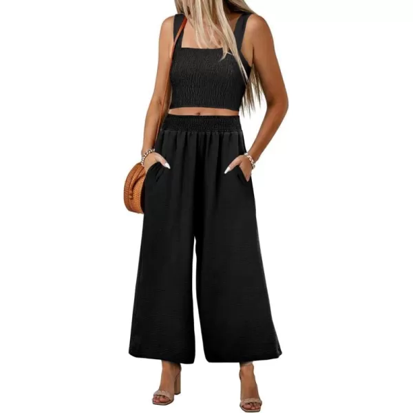 luvamia 2 piece Outfits for Women Summer Trendy Sleeveless Square Neck Crop Tank Tops Wide Leg Pants Matching SetsBlack