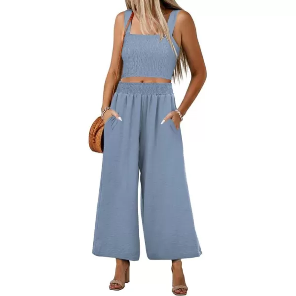 luvamia 2 piece Outfits for Women Summer Trendy Sleeveless Square Neck Crop Tank Tops Wide Leg Pants Matching SetsBlue Gray