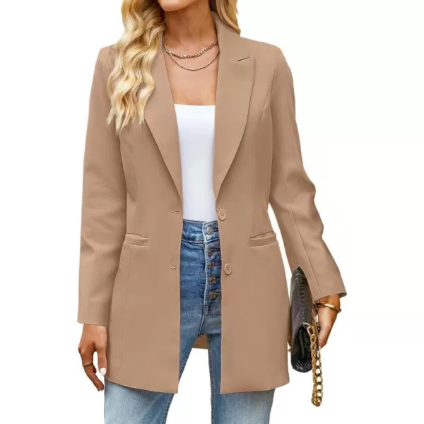 luvamia 2024 Blazers for Women Business Casual Long Blazer Jackets Dressy Work Professional Office Outfits Lapel PocketsRugby Tan