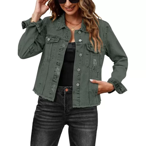 luvamia Denim Jacket for Women Distressed Jean Jackets Button Up Vintage Western Trucker Jacket Frayed Hem PocketsArmy Green