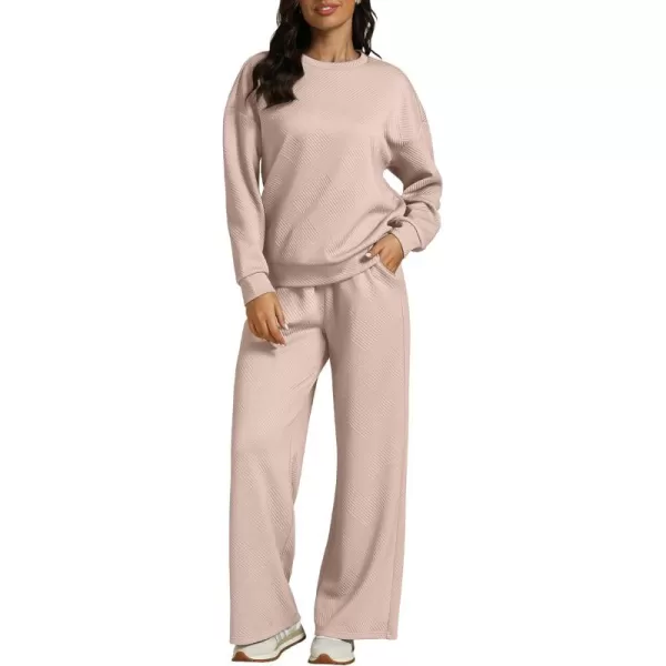 luvamia Lounge 2 Piece Sets for Women Texture Long Sleeve Pullover Pull On Wide Leg Pants Sweatsuit Loungewear Sweat SetBeige