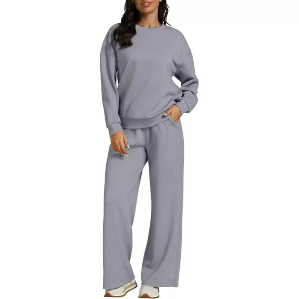 luvamia Lounge 2 Piece Sets for Women Texture Long Sleeve Pullover Pull On Wide Leg Pants Sweatsuit Loungewear Sweat SetGray