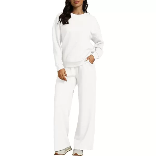 luvamia Lounge 2 Piece Sets for Women Texture Long Sleeve Pullover Pull On Wide Leg Pants Sweatsuit Loungewear Sweat SetWhite