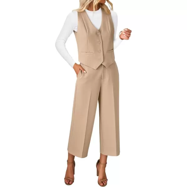 luvamia Pant Suits for Women Dressy Casual 2 Piece Sets Sleeveless Blazer Vest with Wide Leg Capri Pants Work OutfitBeige