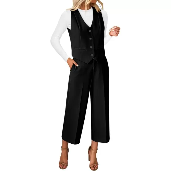 luvamia Pant Suits for Women Dressy Casual 2 Piece Sets Sleeveless Blazer Vest with Wide Leg Capri Pants Work OutfitBlack