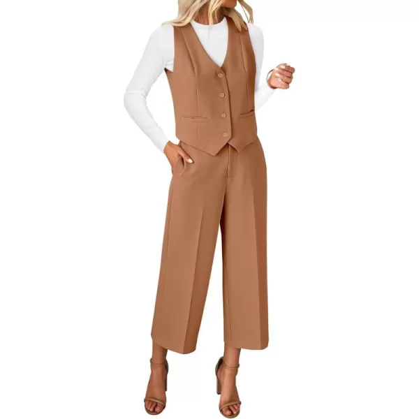 luvamia Pant Suits for Women Dressy Casual 2 Piece Sets Sleeveless Blazer Vest with Wide Leg Capri Pants Work OutfitCamel