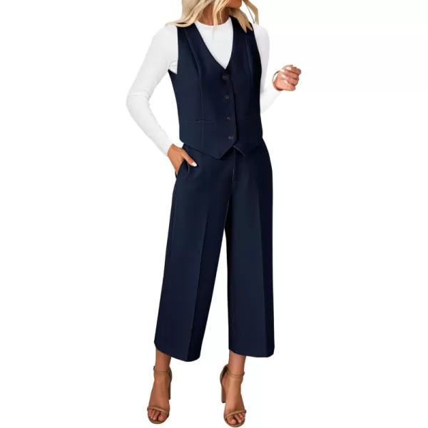 luvamia Pant Suits for Women Dressy Casual 2 Piece Sets Sleeveless Blazer Vest with Wide Leg Capri Pants Work OutfitDark Blue