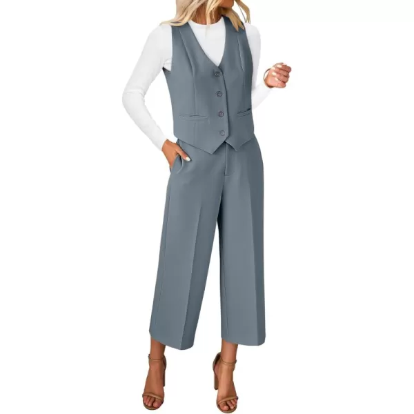 luvamia Pant Suits for Women Dressy Casual 2 Piece Sets Sleeveless Blazer Vest with Wide Leg Capri Pants Work OutfitGray