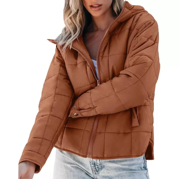 luvamia Puffer Jackets for Women Quilted Lightweight Coats Trendy Hooded Zip Up Casual Fall Puffy Jacket Coat PocketsBrown