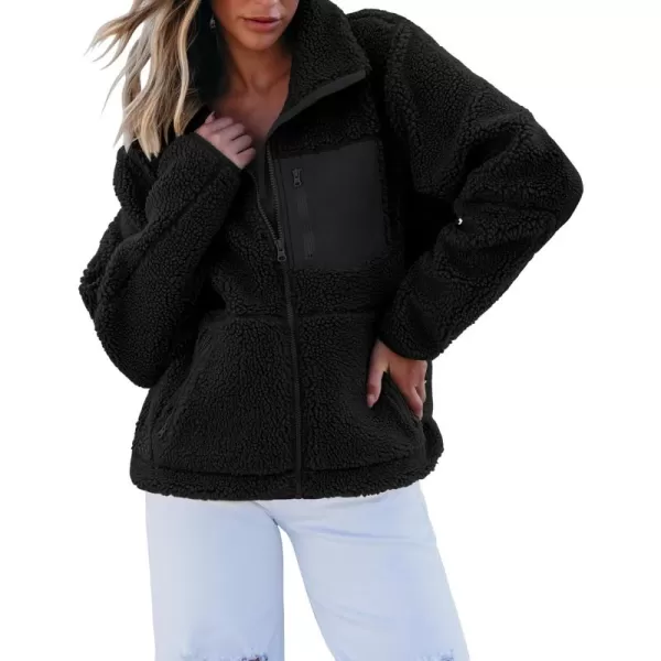 luvamia Sherpa Jackets for Women Trendy Zip Up Long Sleeve Winter Fall Casual Warm Fleece Coat Jackets with PocketsBlack