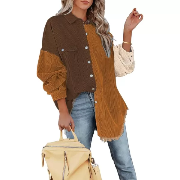 luvamia Womens Shacket Jacket Oversized Corduroy Button Down Shirt Long Sleeve TopsBrown Paneled