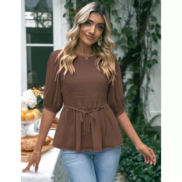 luvamia 2023 Blouses for Women Dressy Casual Flowy Peplum Tops Puff Sleeve Smocked Elegant Summer Dress ShirtFriar Brown