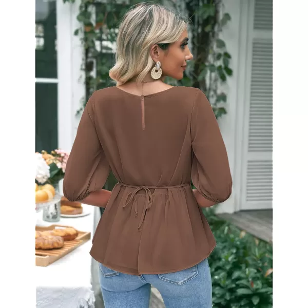 luvamia 2023 Blouses for Women Dressy Casual Flowy Peplum Tops Puff Sleeve Smocked Elegant Summer Dress ShirtFriar Brown