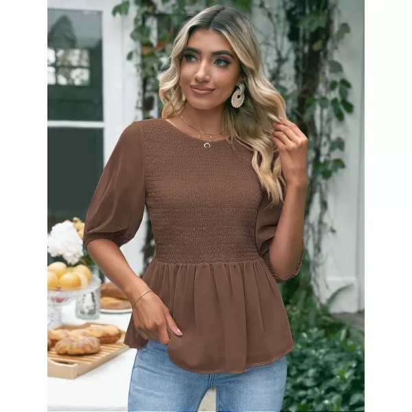 luvamia 2023 Blouses for Women Dressy Casual Flowy Peplum Tops Puff Sleeve Smocked Elegant Summer Dress ShirtFriar Brown