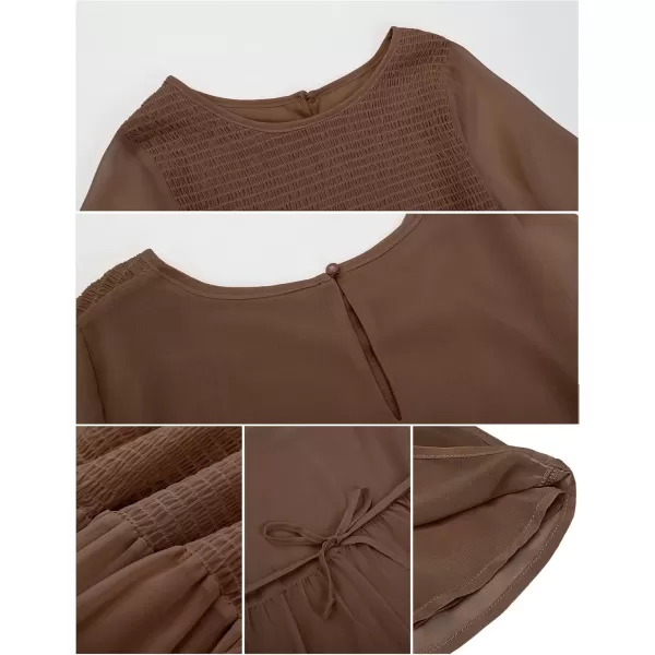 luvamia 2023 Blouses for Women Dressy Casual Flowy Peplum Tops Puff Sleeve Smocked Elegant Summer Dress ShirtFriar Brown