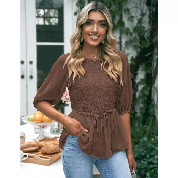 luvamia 2023 Blouses for Women Dressy Casual Flowy Peplum Tops Puff Sleeve Smocked Elegant Summer Dress ShirtFriar Brown