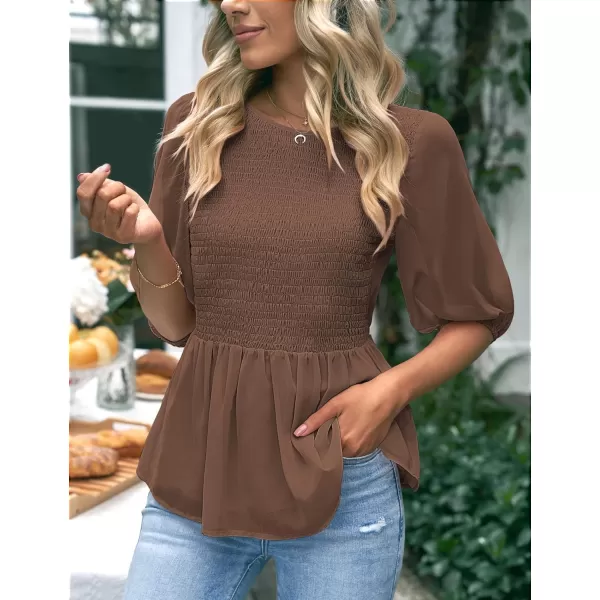 luvamia 2023 Blouses for Women Dressy Casual Flowy Peplum Tops Puff Sleeve Smocked Elegant Summer Dress ShirtFriar Brown