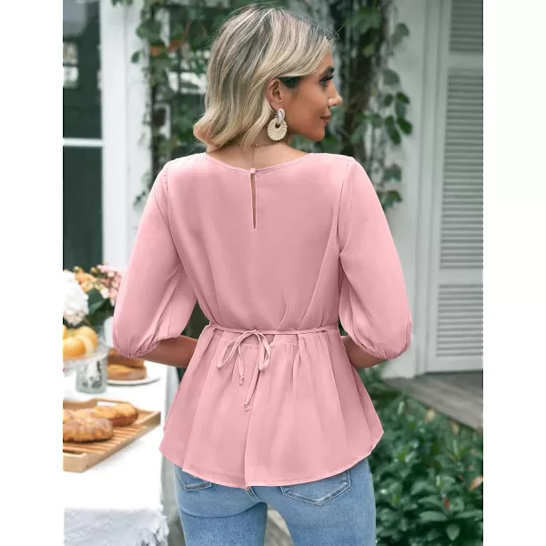 luvamia 2023 Blouses for Women Dressy Casual Flowy Peplum Tops Puff Sleeve Smocked Elegant Summer Dress ShirtPowder Pink