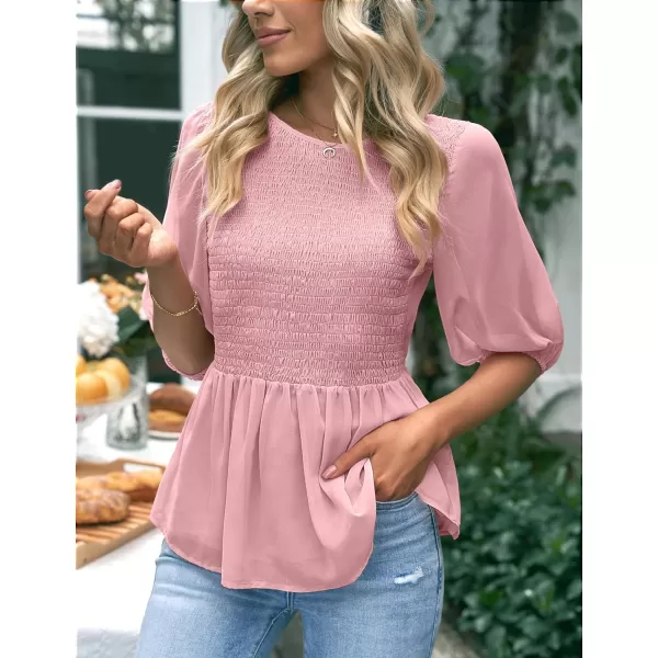 luvamia 2023 Blouses for Women Dressy Casual Flowy Peplum Tops Puff Sleeve Smocked Elegant Summer Dress ShirtPowder Pink