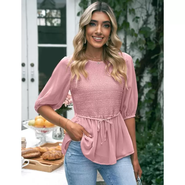 luvamia 2023 Blouses for Women Dressy Casual Flowy Peplum Tops Puff Sleeve Smocked Elegant Summer Dress ShirtPowder Pink