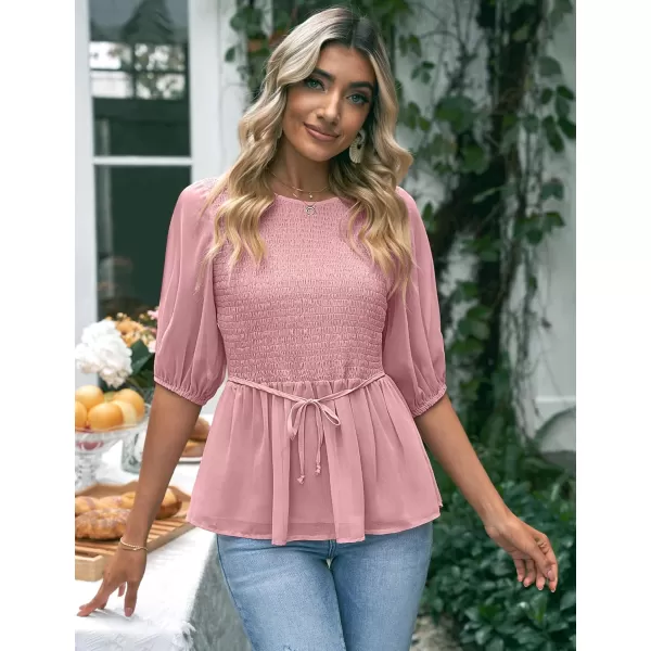 luvamia 2023 Blouses for Women Dressy Casual Flowy Peplum Tops Puff Sleeve Smocked Elegant Summer Dress ShirtPowder Pink