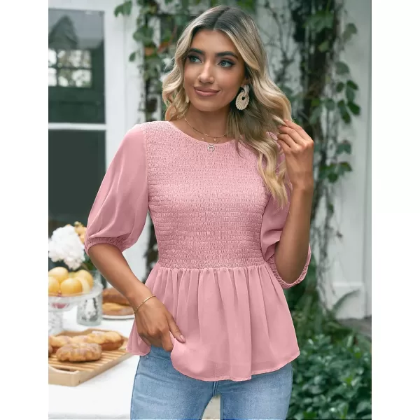 luvamia 2023 Blouses for Women Dressy Casual Flowy Peplum Tops Puff Sleeve Smocked Elegant Summer Dress ShirtPowder Pink